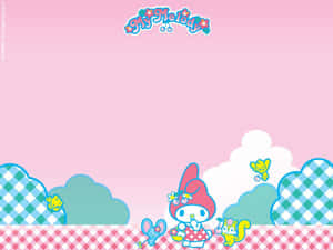 My Melody 和動物朋友們在粉紅色格紋風景中，帶有格紋雲。 — 我的旋律 壁紙