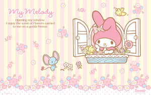 My Melody 在窗台上，有花朵和外面的一隻老鼠。 — 日式審美桌面 壁紙