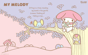 My Melody 在粉彩風景中與朋友在樹上讀書。 — 美學音樂 壁紙