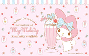 My Melody 手持一個巨大的粉紅色奶昔，上面有櫻桃和一隻老鼠。 — 粉紅色美學桌面 壁紙