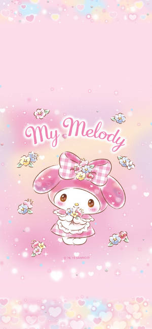My Melody 兔子戴著粉紅色蝴蝶結，被花朵和心形包圍在柔和背景上 — 粉紅色美學桌面 壁紙