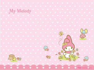 My Melody 兔子被花朵和蘑菇包圍在粉紅色心形背景上。 — 酷炫音樂 壁紙