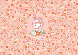 My Melody 在花卉圖案背景中手持花朵。 — 我的旋律 壁紙