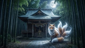 一隻發光的九尾狐在月光照耀的竹林裡的神社前面坐下。