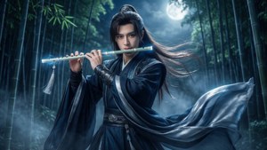 一位身穿黑衣的戰士在滿月下的竹林裡吹奏發光的笛子。