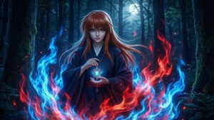 動漫少女在森林中手持發光吊墜，周圍有藍色和紅色火焰。