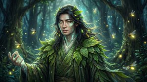 神秘的森林精靈，帶著發光的螢火蟲和葉子長袍，在魔法森林中。