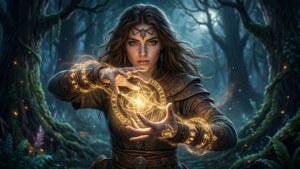 一位神秘女子在黑暗魔法森林中引導發光的魔法。