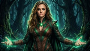一位身穿綠色盔甲的神秘女子在黑暗的魔法森林中施展發光的魔法。