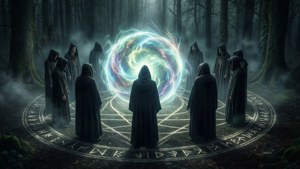 身穿黑色長袍的神秘主義者聚集在迷霧森林中一個發光的魔法傳送門周圍。
