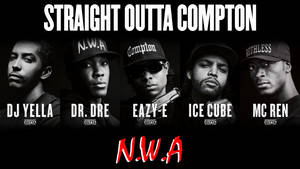 N.W.A 嘻哈團體肖像，配有粗體文字和紅色標誌。 — 嘻哈 壁紙
