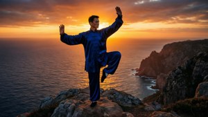 男人在日落時分於懸崖上練習武術，俯瞰海洋