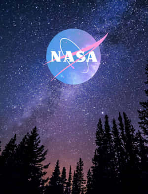 NASA標誌在星空夜空背景下，松樹剪影。 — NASA 動態圖片 壁紙