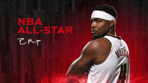 NBA全明星派翠克米爾斯身穿白色球衣，紅色背景和發光效果。 — 湖人隊標誌 壁紙
