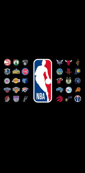 NBA標誌被所有30支NBA球隊標誌環繞在黑色背景上。 — 湖人隊標誌 壁紙