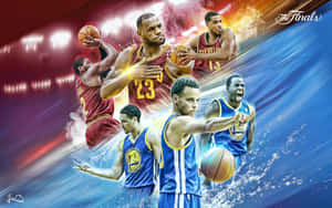 NBA球員在總決賽中移動，背景為鮮豔的紅色和藍色。 — 克里夫蘭騎士隊 壁紙