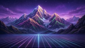 星空下嘅霓虹山脈同閃爍嘅網格地板。