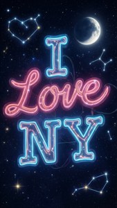 星空下帶有月亮和心形星座的霓虹 I Love NY 標誌