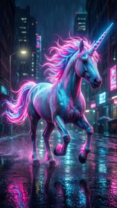 螢光獨角獸在雨中未來城市街道奔跑，帶有發光的倒影。
