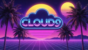 在帶有棕櫚樹和雙太陽的復古未來主義景觀中，一個寫著CLOUD9的霓虹燈牌。