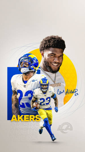 Cam Akers 身穿公羊隊制服，持橄欖球奔跑，微笑肖像。 — 洛杉磯公羊隊 壁紙