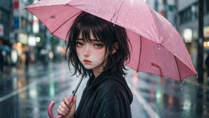 動漫女孩在雨夜的城市裡撐著粉紅色雨傘。