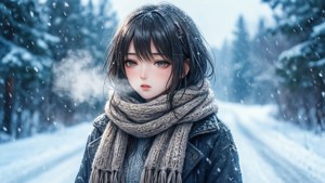 年輕動漫女孩在冬季森林中戴著圍巾和外套，雪花飄落