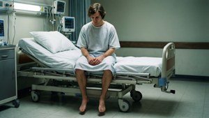 一名年輕男子坐在醫院床上，在安靜的房間內低頭看著醫療設備。