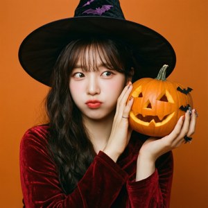 年輕女性打扮成巫婆，手持萬聖節南瓜燈。
