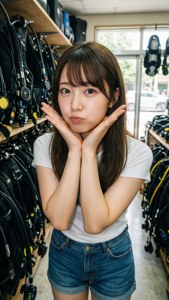 年輕女性在潛水裝備店雙手托腮擺姿勢