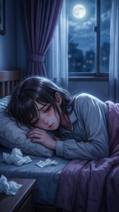 一個悲傷的動漫女孩在月光下睡覺，床邊有衛生紙。