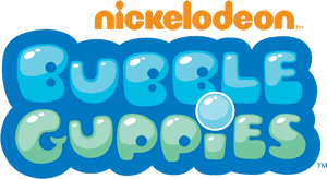 Bubble Guppies 標誌，帶有氣泡般的藍色和綠色字母，背景為黑色。