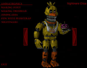 Nightmare Chica 機械玩偶在一個有紅色文字和出口標誌的黑暗房間中拿著一個頭部。 — 狂歡三寶 壁紙