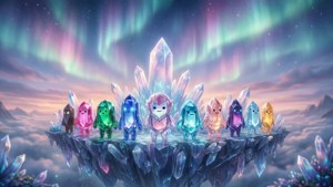 在發光的北極光天空下，漂浮島上的九個彩色水晶生物。