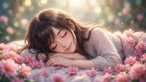 動漫女孩在柔和的陽光下，在粉紅色的花朵中安詳地睡著。