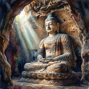 寧靜的佛像在石洞中冥想，陽光從上方灑落。