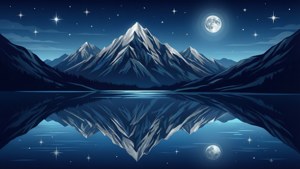 滿月和星空下，白雪覆蓋的山脈倒映在湖中。