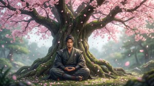 武士在盛開的櫻花樹下冥想，花瓣飄落。