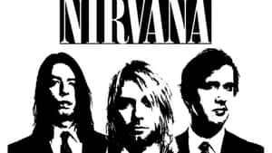 Nirvana 樂團標誌，三位成員身穿西裝，背景為白色。 — 涅槃 壁紙