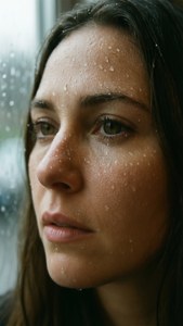 女人臉上帶著雨滴，望著下雨的窗外。