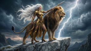 一位女戰士和獅子在雷暴中站在懸崖頂上。