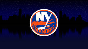 NY Islanders 標誌居中置於星空和水面倒影的夜間城市天際線之上。 — 暗黑風格 壁紙