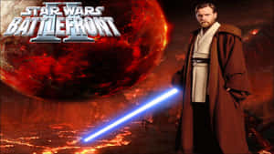Obi-Wan Kenobi 在熾熱的紅色星球上手持藍色光劍。