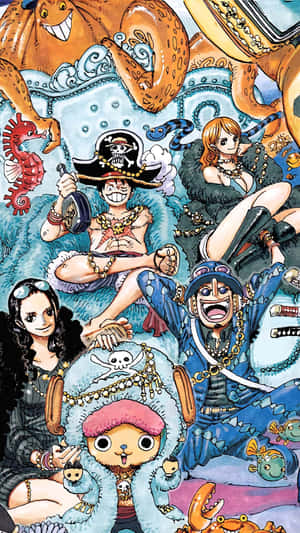 One Piece船員們與海洋生物一起在水下的巨型章魚上放鬆。 — 神鬼奇航 壁紙
