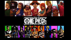 《One Piece》動漫角色在標誌上方和下方以鮮豔色彩面板展示。 — 筆電 壁紙
