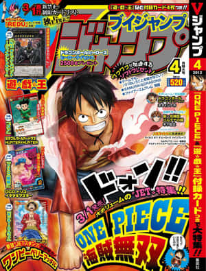 《ONE PIECE》漫畫封面，魯夫身穿紅色外套，配有日文字句和集換式卡片廣告。 — iPad Pro 13 壁紙
