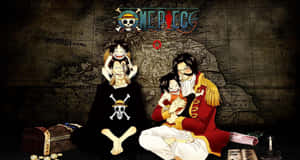 One Piece 動畫角色圍繞著一張寶藏地圖，有一個寶箱和蠟燭。 — 神鬼奇航 壁紙