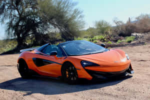橙色McLaren 570S Spider停泊在沙漠中，有樹木和灌木。 — MacBook Air M4 壁紙