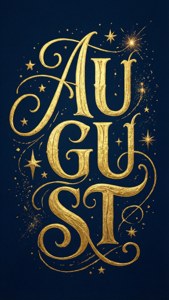 深藍色背景上的金色August字體和星星。