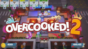 《Overcooked 2》遊戲場景，廚師們在繁忙的廚房裡烹飪，食物四處飛舞。 — 煮過頭 壁紙